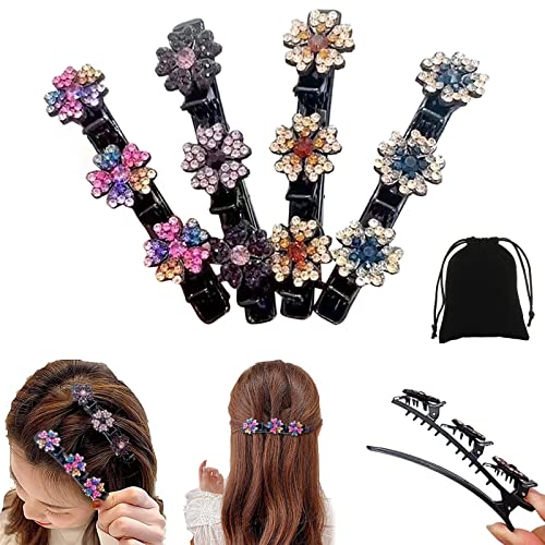 4 Stück Haarspangen mit Kristallblume, Kleeblatt Haarspange für Damen Mädchen, Strasssteine Haarspange, vierblättriges Haarnadel Entenschnabel Clip, modische Doppelschicht Mini Haarspangen Cover