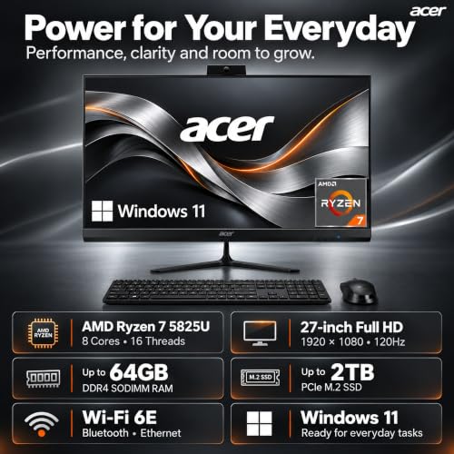 Image of Acer Aspire 27 inch IPS FHD All-in-One Desktop Computer | AMD 8-Core Ryzen 7 5825U (Up to 4.5GHz) | 16GB RAM, 256GB SSD | Office 365 for The Web | WiFi 6E, Bluetooth 5.3 | Wireless KB & Mouse | Windows 11