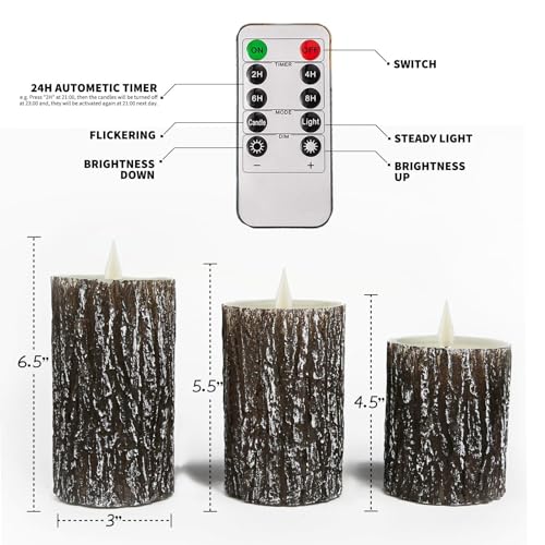 Image of NICEME LED Pine Bark Flameless Candles Set of 3 Real Wax Battery Operated Candles Flickering Teardrop Wick Electric Decorative Pillar Bark Candles with Remote Timer, D3 x H4 5 inch 6 inch