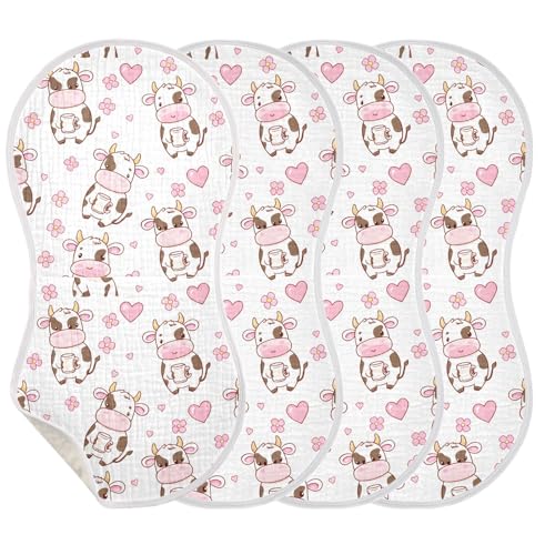 Cartoon Cow Pattern Baby Burp Cloths for Boys and Girls, Soft Muslin Spit Up Towels, 22"x11" Newborn Essentials for Feeding and Drooling, 4 Pack3