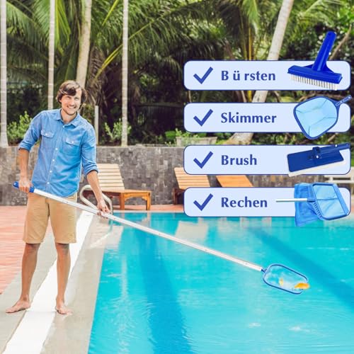 VHUTOU Pool Teleskopstange Aluminium, Poolstange mit EZ Clip einstellbar Stange 5-teilig Poolstange zur Poolreinigung(Silber)