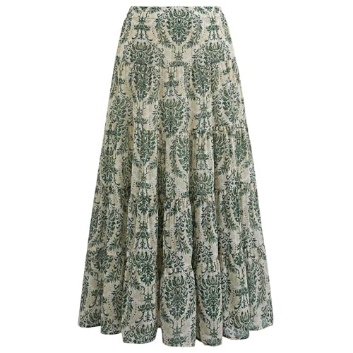 CHICWISH Women Chiffon Maxi Skirt Damask Print Elastic High Waist Tiered Pleated Flowy Long Skirt