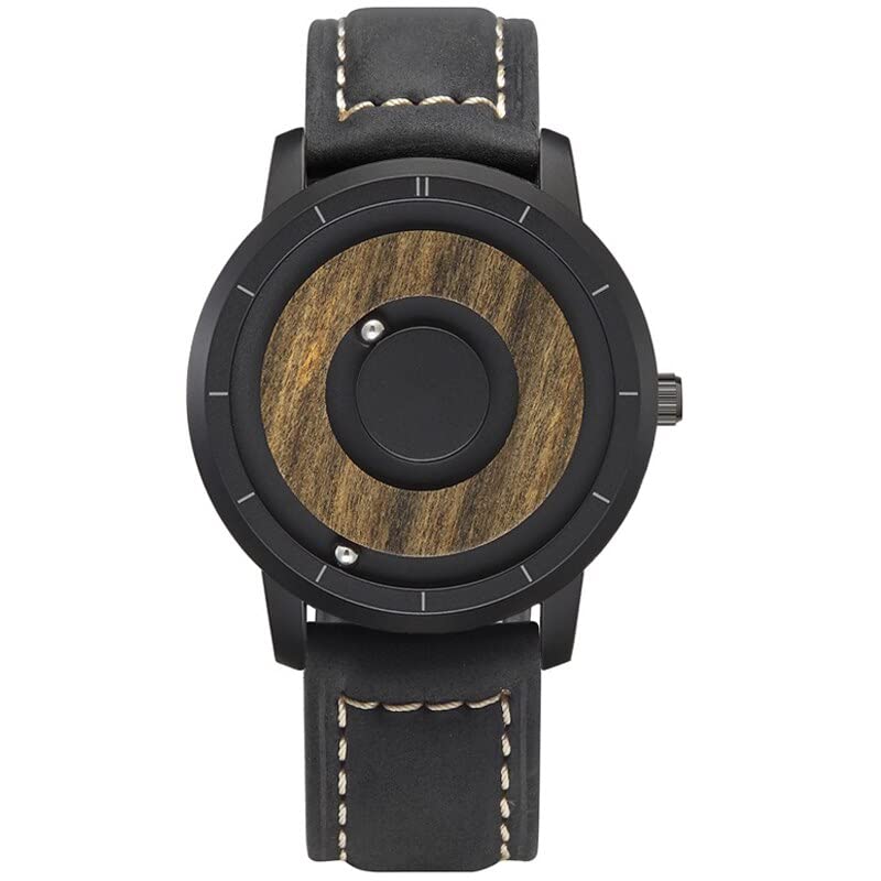 Orologio da uomo in legno Orologi al quarzo da uomo con magnete magnetico Ball Drive Orologio da polso da uomo in pelle con quadrante in legno da uomo in acciaio inossidabile