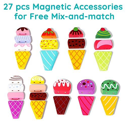Hellowood WT13 Wooden Ice Cream Truck, 28 Pcs Magnetic Ice Cream Sweet Treats Pretend Play Food & Accessories, Montessori Sorting & Stacking Toys thumb #1