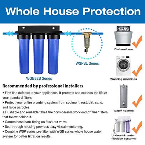 Image of iSpring WSP-50SL Spin Down Sediment Filter, 2 Push-Fit Fittings, 50 Micron | 2-in-1 Whole House Prefilter and Siliphos Scale Inhibitor, Sediment Buster, Flushable Reusable, Lead-Free Brass