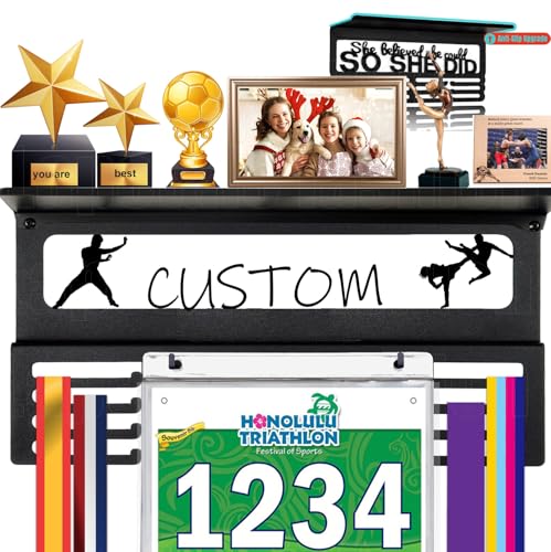 Image of Personalized Medal Holder with Name Display Rack for Awards Ribbons - Metal Custom Sports Race Plaques Hanger for Wall Mount Hold Up 63 Medal Hanger Display for Athlete Boy Girl Kid