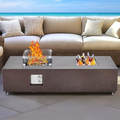 56 Inch Outdoor Propane Gas Fire Pit Table,50000BTU Rectangle Fire Table with 13" Square Drink Ice Bucket Wind Guard & Fire Glass Beads for Outside Patio Yard Garden, Bronze