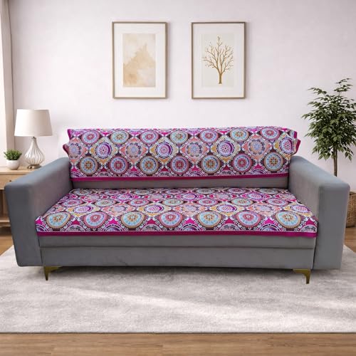 Image of Homerz Premium 5 (3+1+1) Seater Velvet Sofa Panel Cover with Digital Prints | Anti-Slip Backing (Pink Rangoli, 5 (3+1+1) Seater with Back)