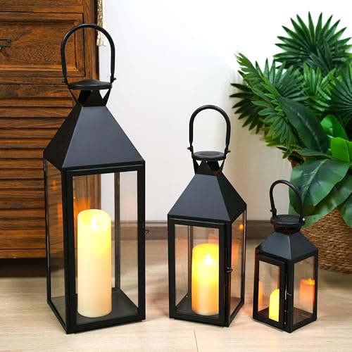 Elegant Candle Lantern Set- 3 Sizes (26", 19", 13" H) - Tempered Glass Panel Metal Lanterns for Versatile Indoor & Outdoor Decorating - Perfect for Celebrations(Black)