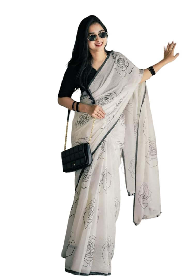 femori Women's White and Black Linen Saree with Rose Print, Elegant Minimal Border for Office and Casual Saree-picture-11