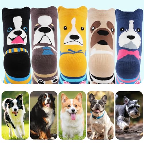 Niorasen Bunte Lustige Socken Damen aus Baumwolle 5 Paar, Neuheit Weihnachtssocken Katzensocken Motivsocken, Witzige Coole Süße Karikatur Tier Motiv Socken Geschenk für Frauen, Hund