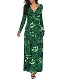 LILBETTER Women Long Sleeve Deep V Neck Loose Plain Long Maxi Casual Dress(F Leaf Green Medium)