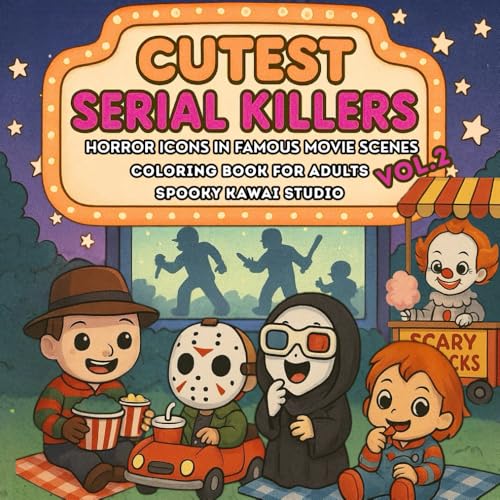 CUTEST SERIAL KILLERS: Horror Icons In Famous Movie Scenes Vol.2: Coloring Book For Adults And Teens Featuring Adorable, Spooky