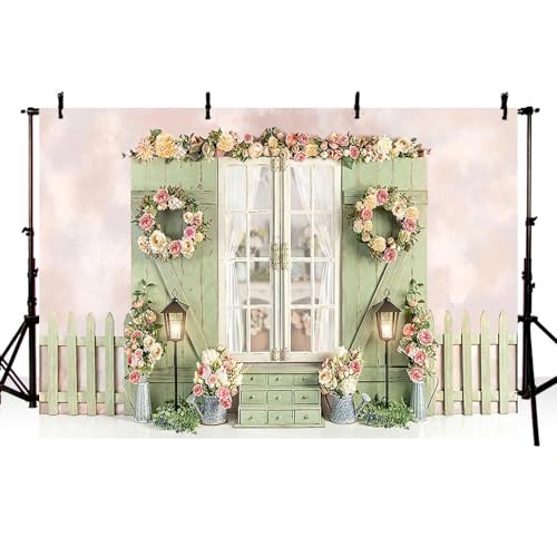 AIBIIN Telón de fondo de fotografía de flores de primavera de 2,1 x 1,5 m, guirnalda floral de jardín, valla de madera, valla de madera, decoración de fiesta de cumpleaños, retrato, accesorios d