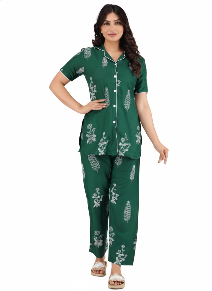 Women's Night Suit, Green Floral Print, Short Sleeve Shirt with Pyjama Set-picture-37