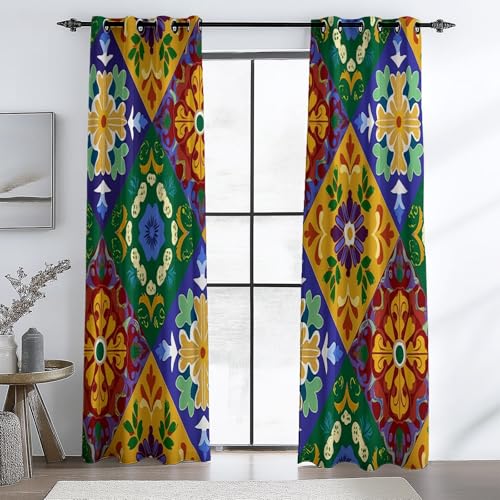Vistoso 100% Cortinas Opacas con Ojales, Retro Estampado Floral Cuadros Impresión Antiarrugas Cortinas Térmicas Durable, 117 An x 138 Al cm (2Paneles) para Dormitorio Salon