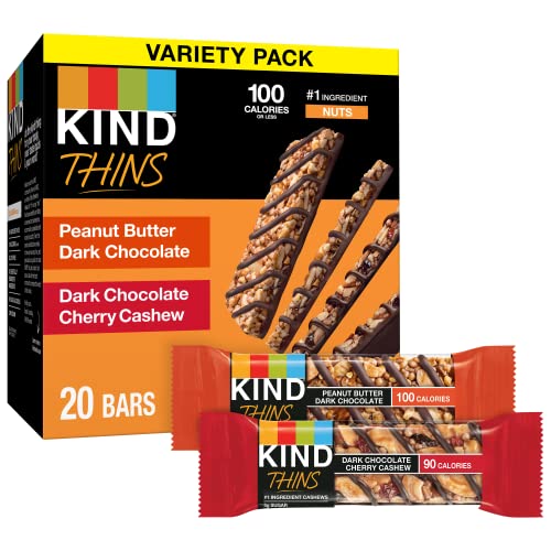 KIND Thins Snack Bars, 2 Flavor Variety Pack, Gluten Free, 100 Calorie, 60 Count, Peanut Butter Dark Chocolate & Dark Chocolate Cherry Cashew