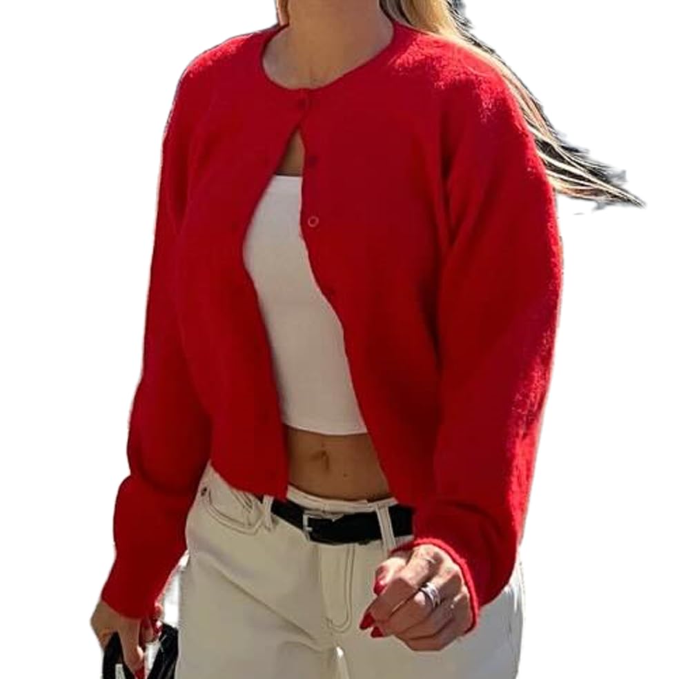 Image of Women Knit Cropped Cardigan Tops Long Sleeve Button Down Lightweight Bolero Sweater Tops