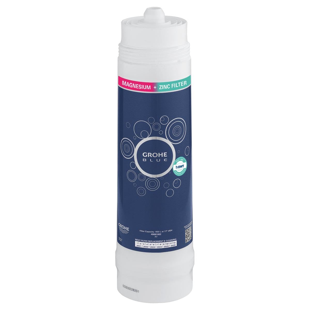 GROHE Filtro Magnesium e Zinco, Filtro di Ricambio per Sistemi GROHE Blue, per Elevare il Gusto dell'Acqua, Ridurne il Residuo Fisso e il Calcare e Arricchirla di Magnesio e Zinco, 400 l, 40691002