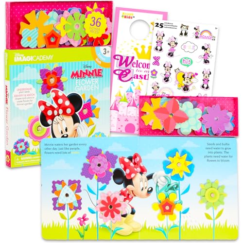 Paquete de libros de rompecabezas de Minnie Mouse para niños, libro de tablero de construcción de jardín de flores, calcomanías y más | Rompecabezas de flores de Minnie Mouse para niñas y niños