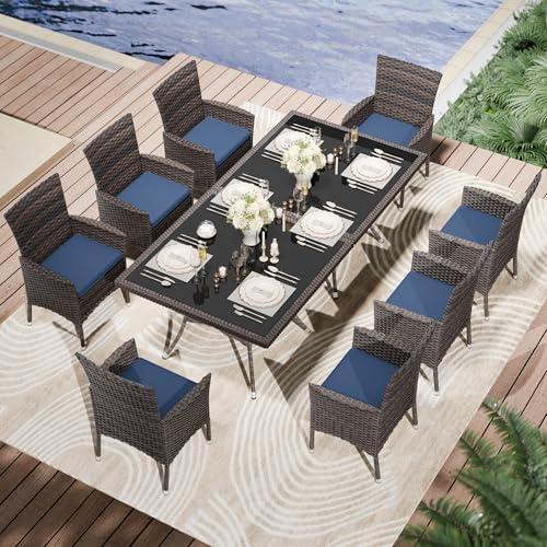 Kullavik 10-Piece Outdoor Dining Set Patio Rattan Furniture Set,Patio Dining Table and Chairs Set with 8 Chairs and Cushions,Square Glass Tabletop with Umbrella Hole for Patio,Backyard,Garden,NavyBlue