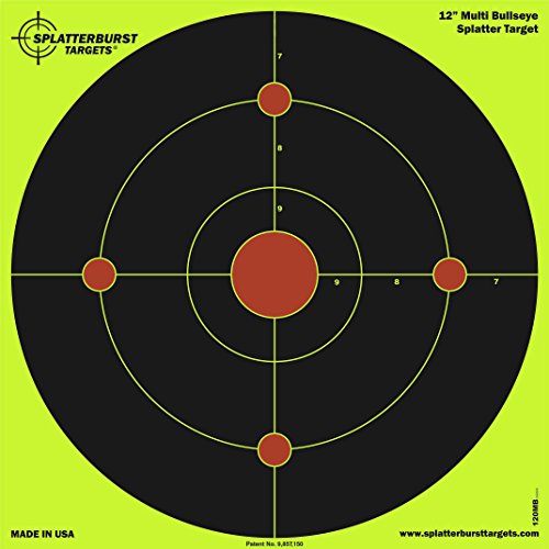 Splatterburst Targets - 12 inch Multi-Bullseye Reactive Shooting Target - Shots Burst Bright Fluorescent Yellow Upon Impact - Gun - Rifle - Pistol - AirSoft - BB Gun - Pellet Gun - Air Rifle (50 Pack)