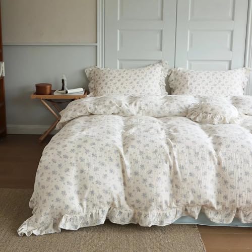 Image of BuLuTu Vintage Blue Floral Duvet Cover Queen Size, Cotton Muslin Quilt Cover with Ruffles, Farmhouse Bedding Comforter Cover 90 inchx90 inch, Zipper & Corner Ties, Freesia Print, No Pillow