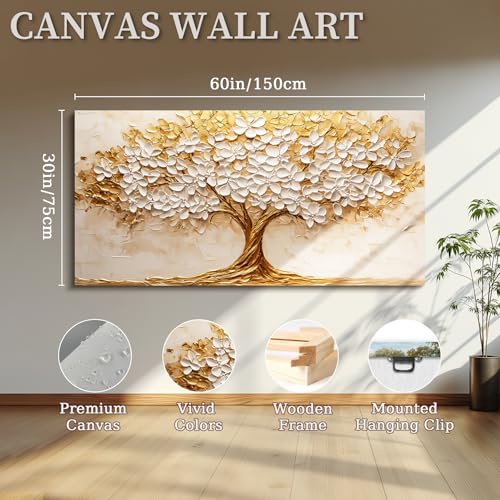 crmotu Tree of Life Wall Art, White Gold Tree Extra Large Canvas Paintings, Nature Landscape Abstract Art Prints, Modern Aesthetic Pictures Wall Decor Living Room Office Ready to Hang 30x60 Inch