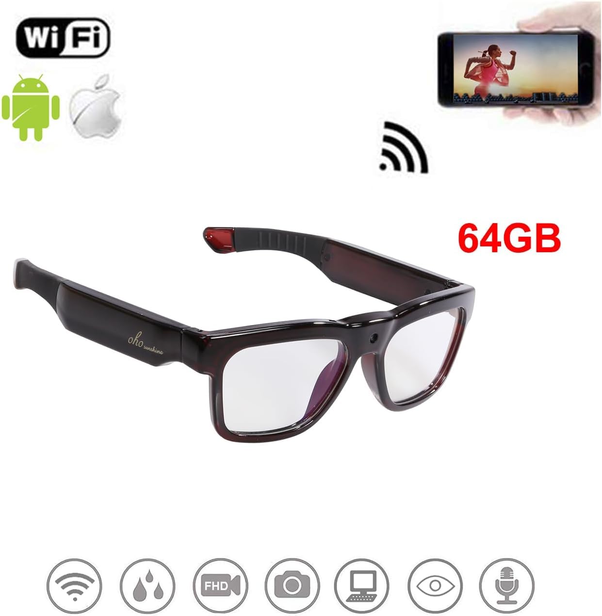 OhO sunshine Occhiali con fotocamera WiFi da, streaming solo video e foto da occhiali a app, con fotocamera ultra Full HD e lenti UV400 per sport all'aria aperta