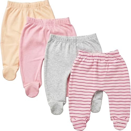 Image of 123 Bear Baby - Soft Cotton and Elastane Footed Pants, Pink A 4pk, New Born