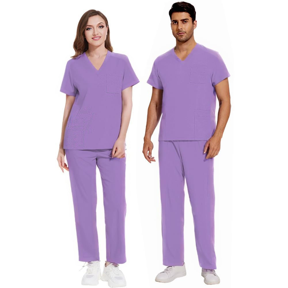 DK77 – Uniforme médical pour femme avec col en V, manches courtes, pantalon droit, 8 poches, cordon de serrage extensible, évacuation de l'humidité
