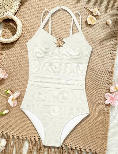 Image of Girl Swimsuit One Piece Cutout Ruched Bathing Suit for Girls Color Block Adjustable Straps Pad Swimwear 9-18y