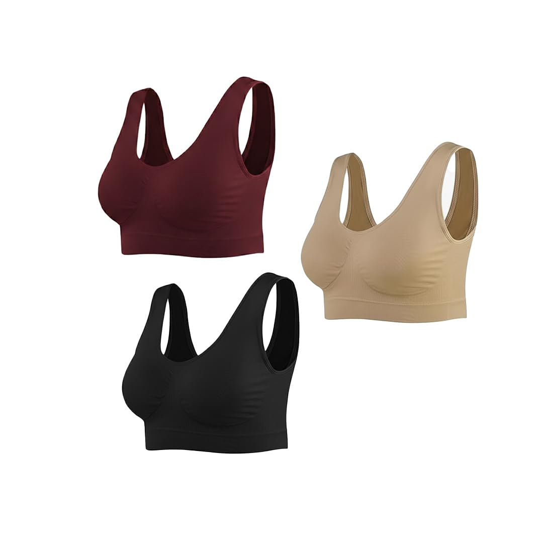 AAKI Fashion Women's Seamless Sports Bra | Women Seamless Comfort Bra | Soft Stretchable Non Padded Non Wired | Pack of 3 (Maroon, Beige & Black) | Free Size Upto 36 Inch |-picture-32