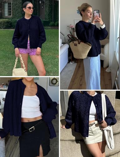 Image of Women's Casual Puff Long Sleeve Crew Neck Cardigan Button Down Open Front Knit Loose Sweater Outwear