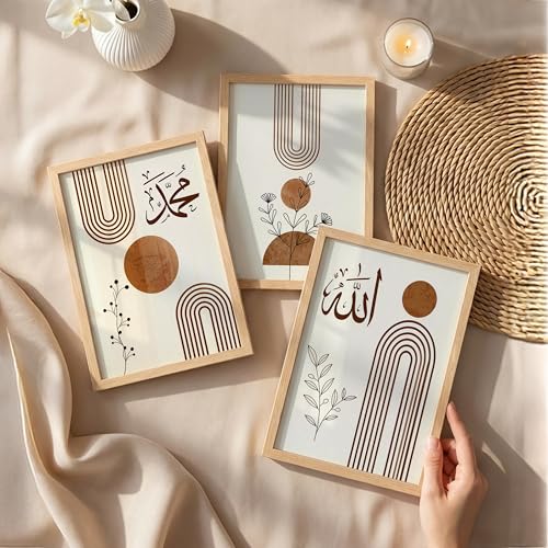 Image of Suneree Islamic Wall Art Set of 3 Framed Paintings for Living Room | Allah Muhammad Arabic Calligraphy Wall Frames | Modern Minimal Geometric Boho Wall Decor for Home (Design 3, 10x13 INCHES)