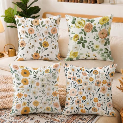 Housse de coussin 45x45 orange fleur au style lin pour créer un cocon chaleureux