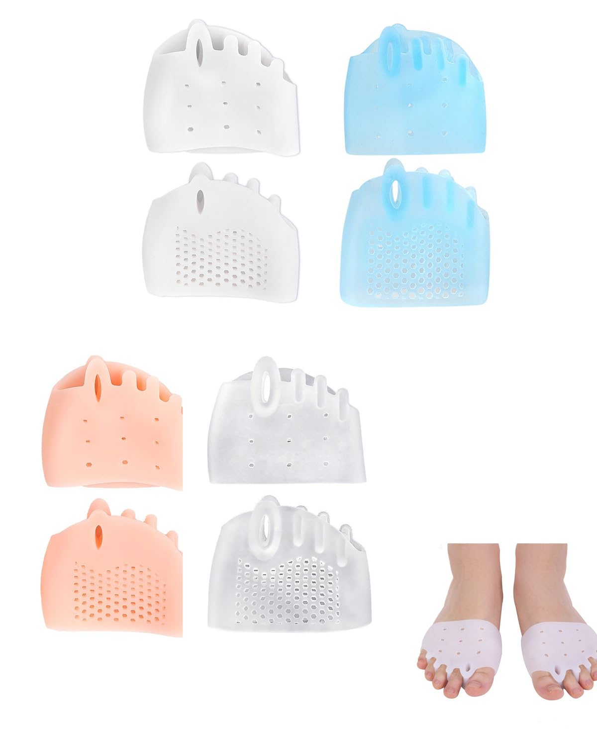 4 Paia Cuscinetti Metatarsali in Silicone a Nido d'Ape 5 Dita, per Alluce Valgo, Dita a Martello, Metatarsalgia, Ammortizzanti, Sollievo Dolore 4 Colori