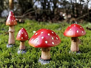 garden mile Set of 4 Red Toadstool Mushroom Garden Ornaments Statues Ideal Fairy Garden Decoration Decor Outdoor Miniatures Patio Flowerbed Decking Rockery Decorative Figurines