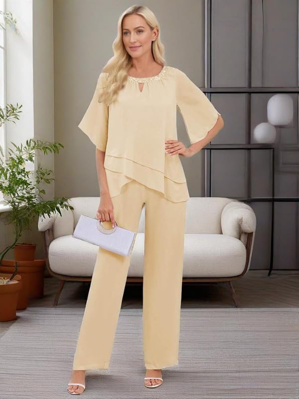 2 Piece Mother of The Bride Pant Suits for Women Dressy Layered Chiffon Wedding Guest Pantsuit Outfit with Sleeves3