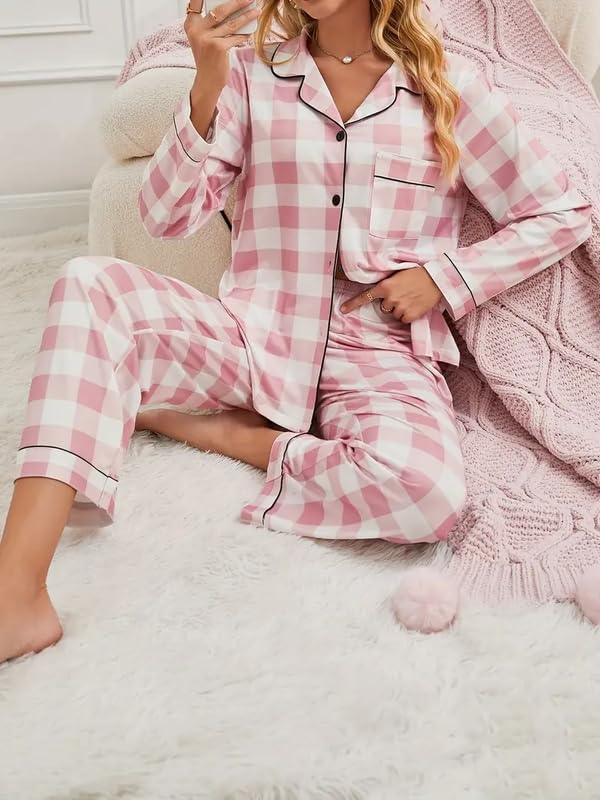 Image of Night Suit for Women with Full Sleeve Button-Down Top with Pant Dress for Woman,Night Dress for Woman, Two-Piece Loungewear Set