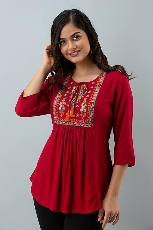 Image of Avayayat Short Kurti for Women | Embroidered Straight Rayon Kurta | Round Neck Full Sleeves Short Kurti for Women's