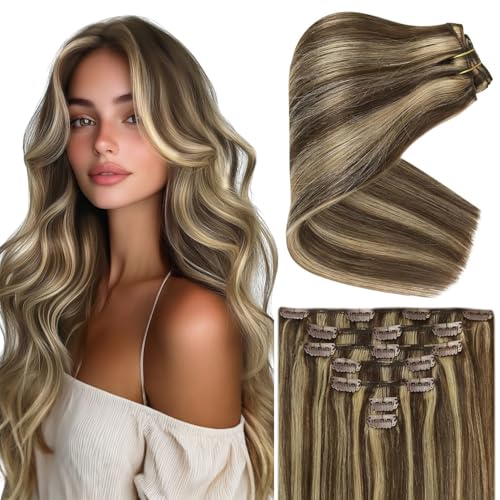 Ve Sunny 24 inch Hair Extensions Clip in Long Straight Real Hair Extensions Clip in Human Hair Dark Brown mit Blonde Clip in Hair Extensions 24Inch