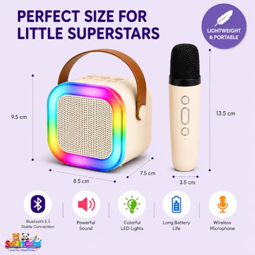 Image of Karaoke Speaker with Wireless Mic for Kids & Adults | Beige Bluetooth Karaoke Machine with RGB LED Lights, Rechargeable Portable Speaker, Stereo Sound | Birthday Gift for Girls & Boys