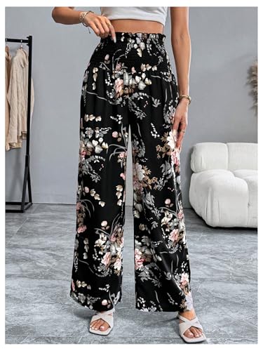 Women's Floral Boho Wide Leg Shirred Elastic High Waisted Long Trousers Vacation Beach Outfits4