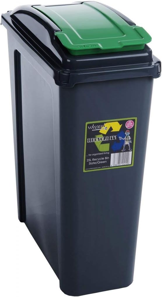 Wham Recycling Bin Slim Kitchen Trash Can Rubbish Dustbin with Green Lid 25 Litres