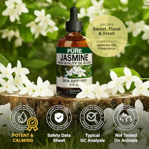 Image of 100% Pure Jasmine Oil - 4 Fl Oz Jasmine Essential Oil for Hair, Skin, Diffuser, Aromatherapy & DIY Soap Making Scent