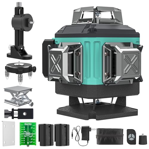 Nivel Laser Autonivelante 360 Grados, Nivel Láser Verde 16 Líneas, 2 x 360 Horizontal y 2 x 360 Verticales, 2 x Batería, Montaje en Pared, Control Remoto, Base Magnética, Soporte Giratorio