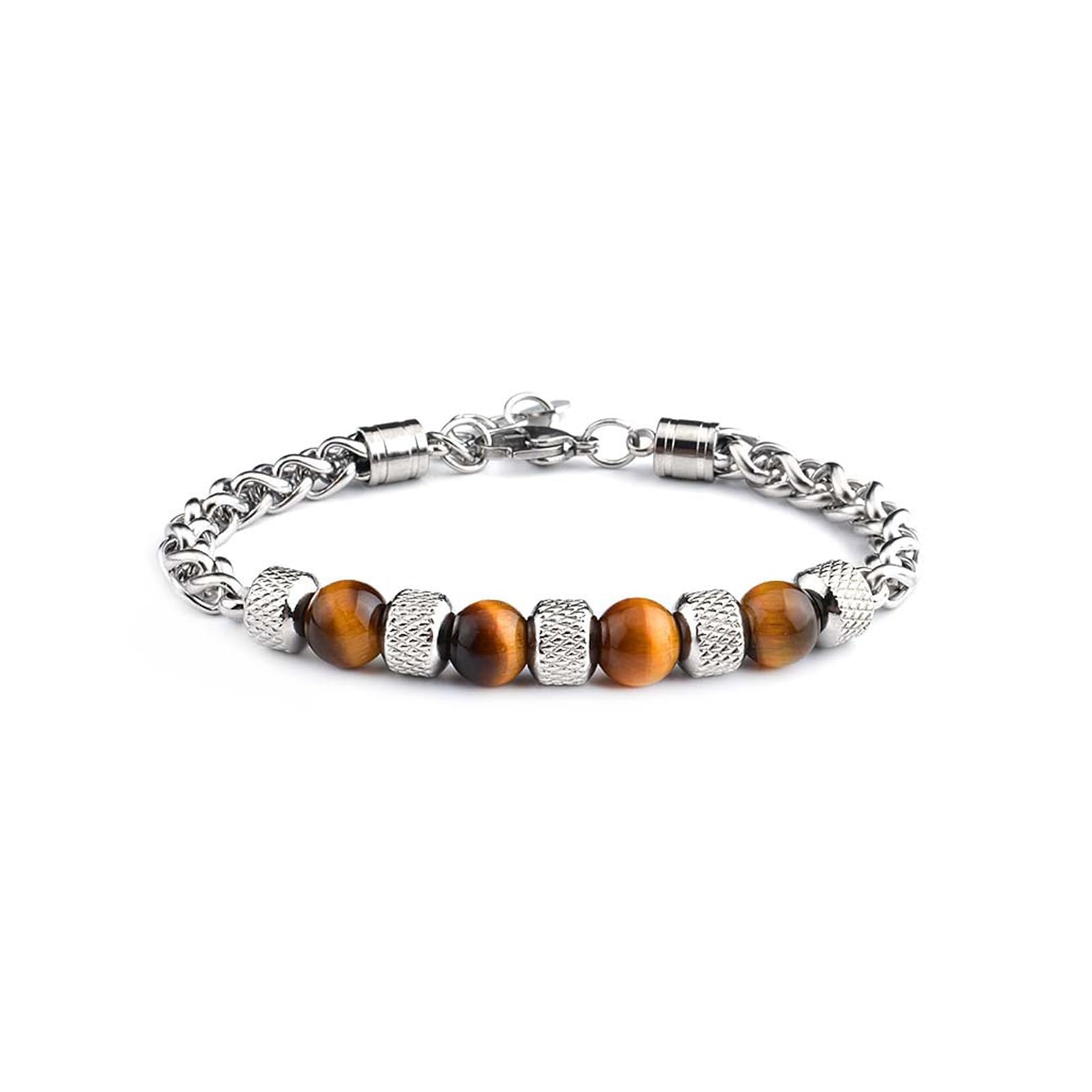 Tiger Eye Bracelets for Men, Adjustable Mens Beaded Bracelet Stainless Steel, Natural Stone Beaded Wrist Bracelet, Gifts for Dad Mens Boys
