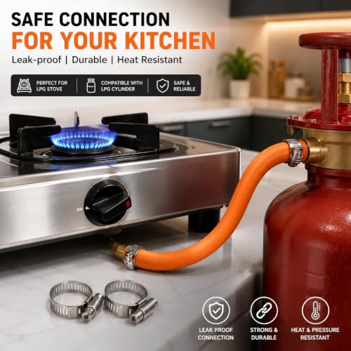 Image of 1.5 Meters ISI Certified LPG Hose Pipe for Stove with Reinforced Steel Wire Flame Resistant with Clamp for Hp /Indane /Bharatgas Gas Recommended uncut Customized Length