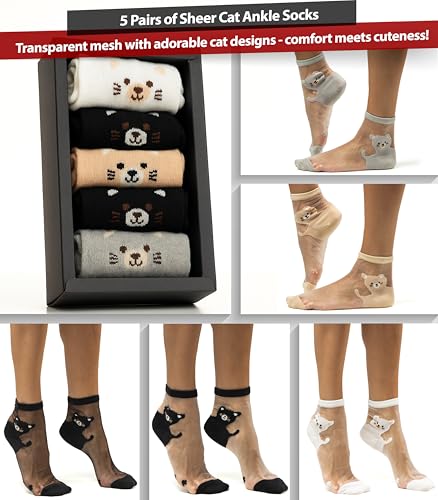 5 Pairs Set of Women’s Sheer Cat Socks with Paw Print Sole – Transparent Mesh Stretchy Short Socks for US Size 6.5–9 – Cute Animal Design in Assorted Colors2